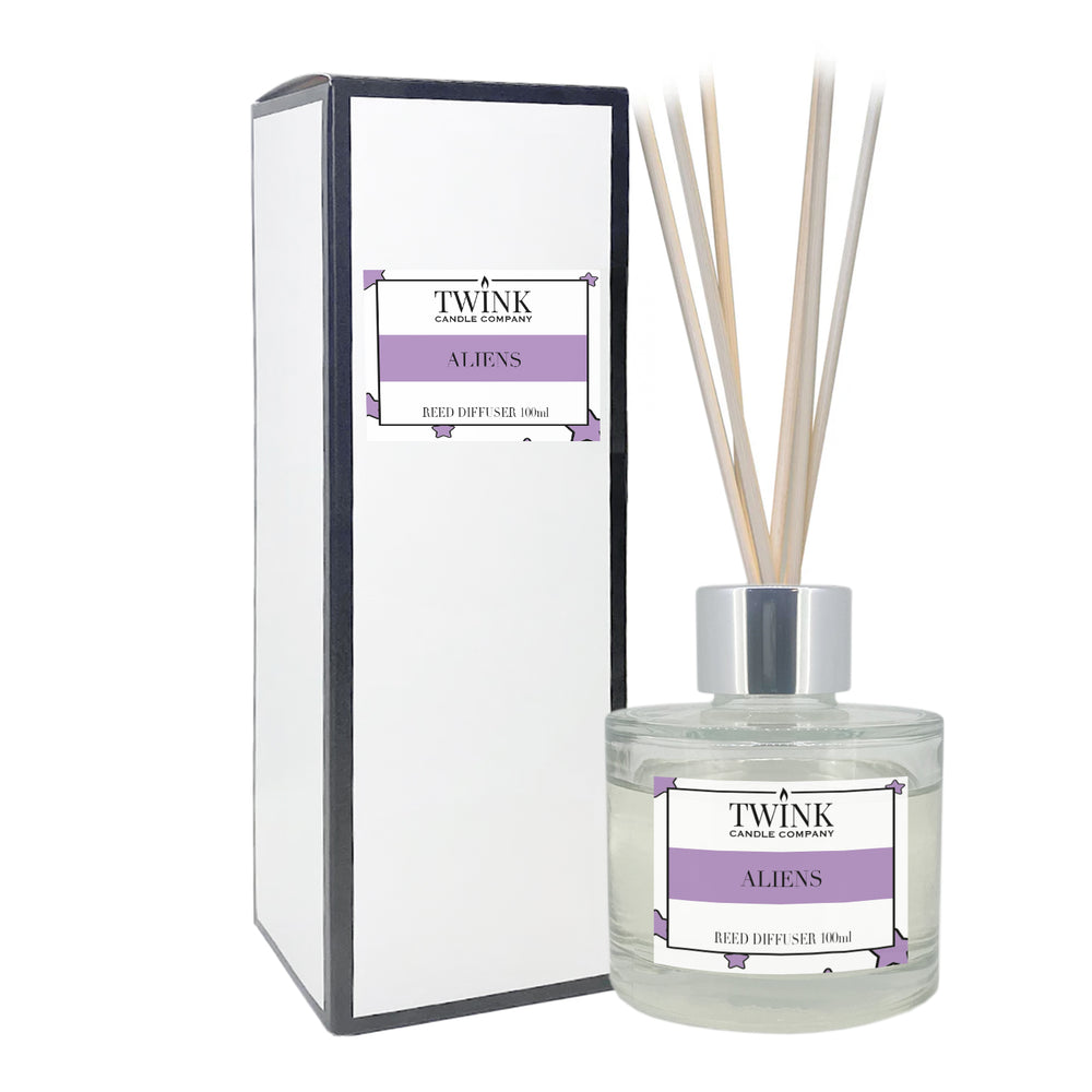 Aliens reed diffuser by Twink Candle Company, a 100ml glass bottle with reeds beside its gift box
