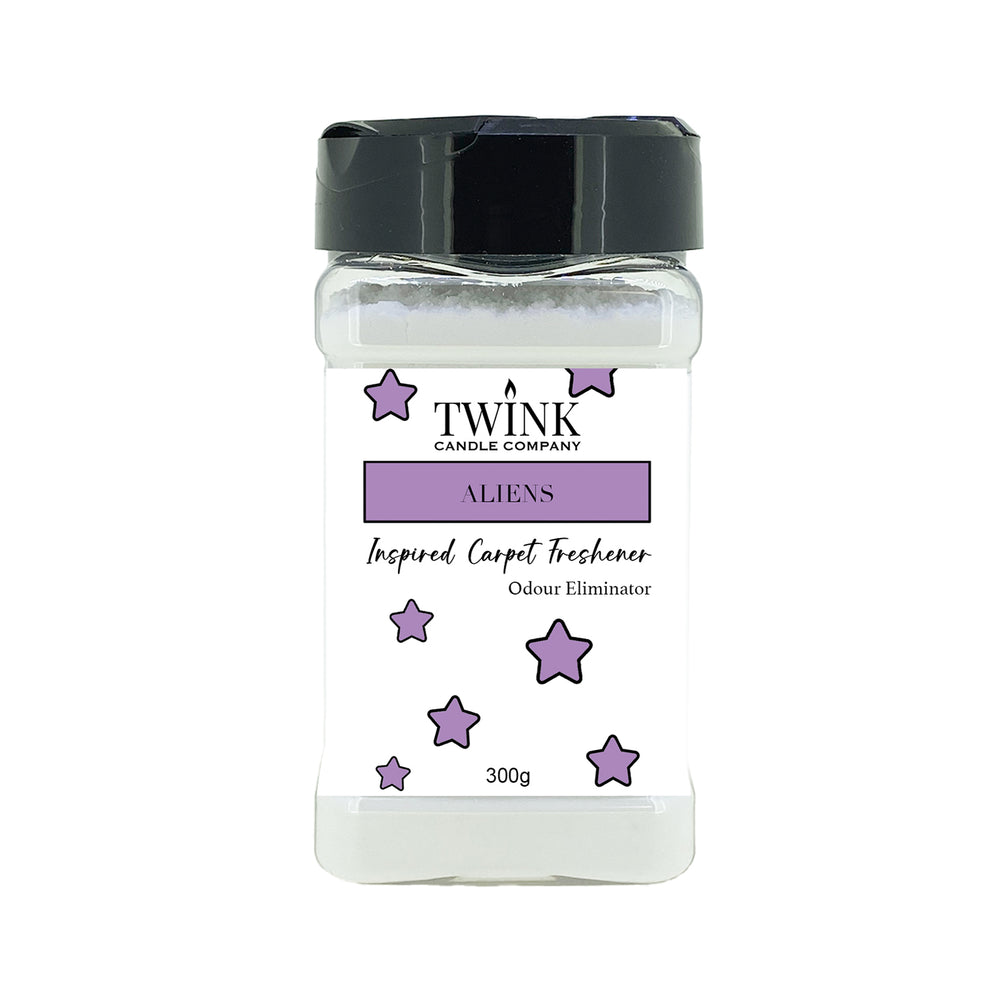 Aliens inspired carpet freshener by Twink Candle Company, a 300g shaker jar of odour-eliminating powder