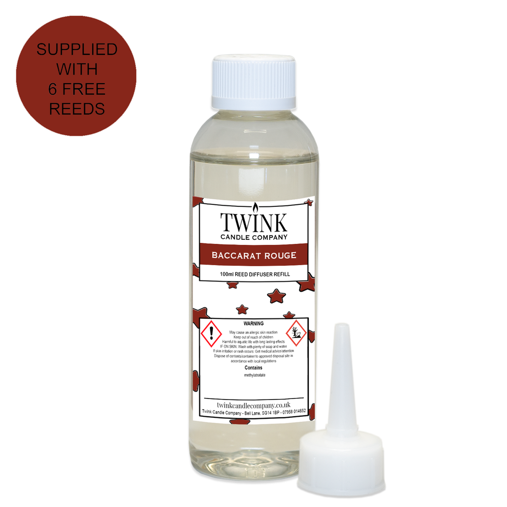 Baccarat Red reed diffuser refill by Twink Candle Company, a 100ml bottle with pouring nozzle and six free reeds