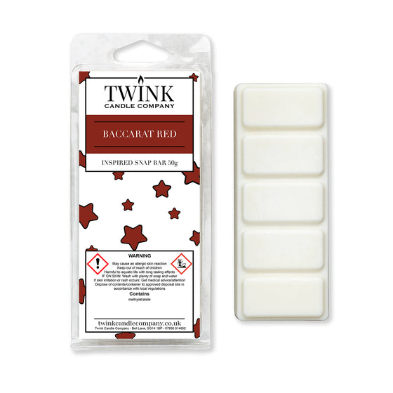 Baccarat Red 50g soy wax melt snap bar in its packet beside the unwrapped bar and its five break-apart segments