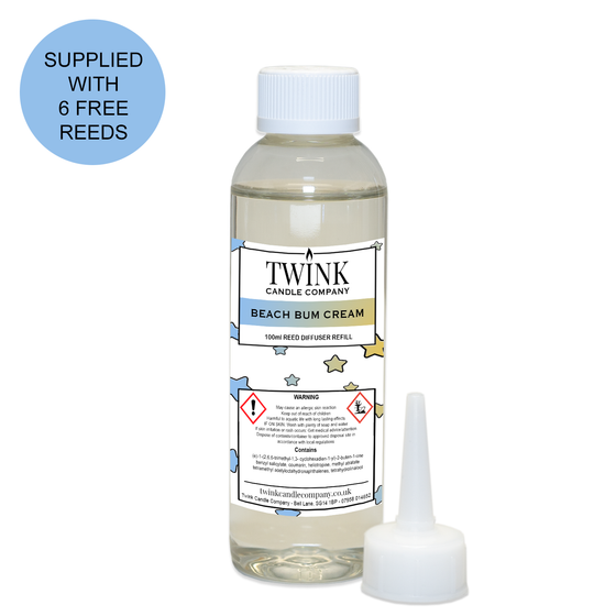 Beach Bum Cream reed diffuser refill by Twink Candle Company, a 100ml bottle with pouring nozzle and six free reeds