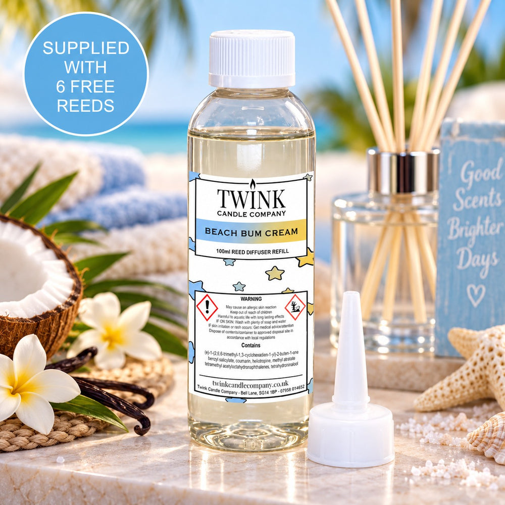Beach Bum Cream reed diffuser refill by Twink Candle Company, a 100ml bottle on a sunny beach with coconut and frangipani