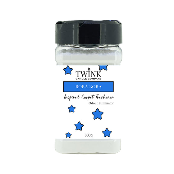 Bora Bora inspired carpet freshener by Twink Candle Company, a 300g shaker jar of odour-eliminating powder