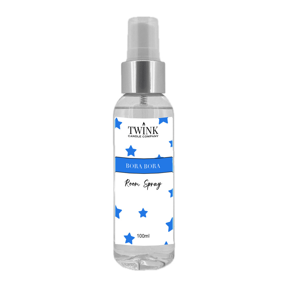 Bora Bora room spray by Twink Candle Company, a clear 100ml bottle with a spray top and blue star label