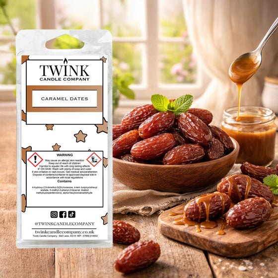 Caramel Dates inspired soy wax melt snap bar by Twink Candle Company, with dates and caramel being drizzled over
