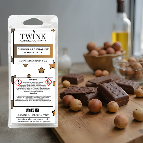 Chocolate Praline & Hazelnut soy wax melt snap bar by Twink Candle Company, with chocolate pieces and whole hazelnuts