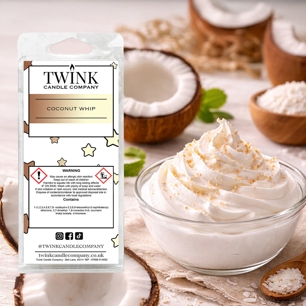 Coconut Whip inspired soy wax melt snap bar by Twink Candle Company, with a bowl of whipped cream and fresh coconut