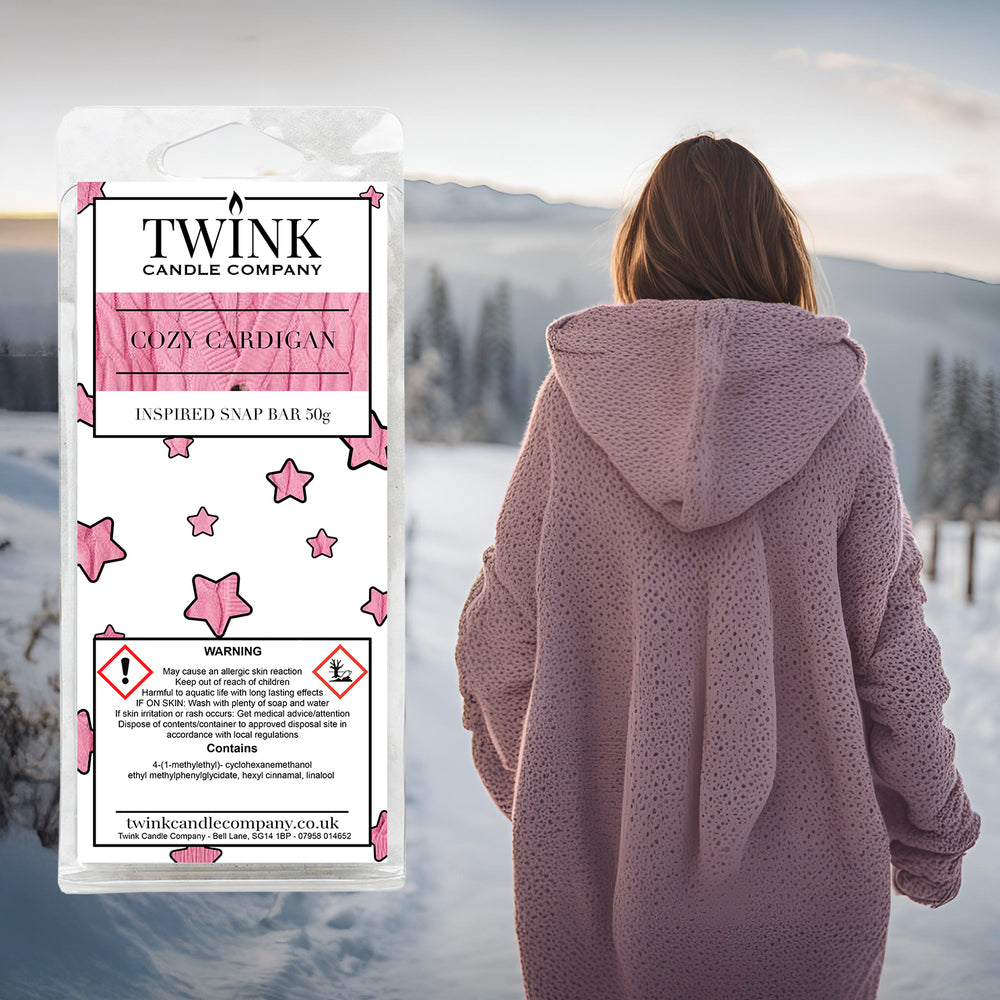 Cosy Cardigan soy wax melt snap bar by Twink Candle Company, styled in a soft, snuggly autumn setting
