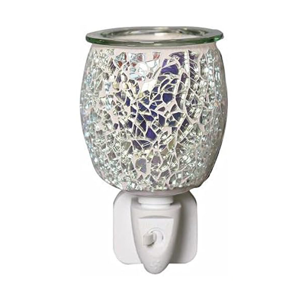Silver mosaic glass plug-in wax and oil burner by Twink Candle Company, shown lit