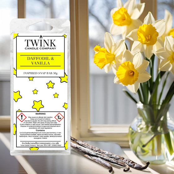 Daffodil & Vanilla inspired soy wax melt snap bar by Twink Candle Company, with daffodils in a vase and vanilla pods