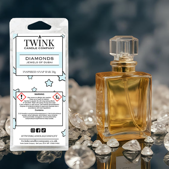 Diamonds (Jewels of Dubai) inspired soy wax melt snap bar by Twink Candle Company, with a gold perfume bottle and diamonds