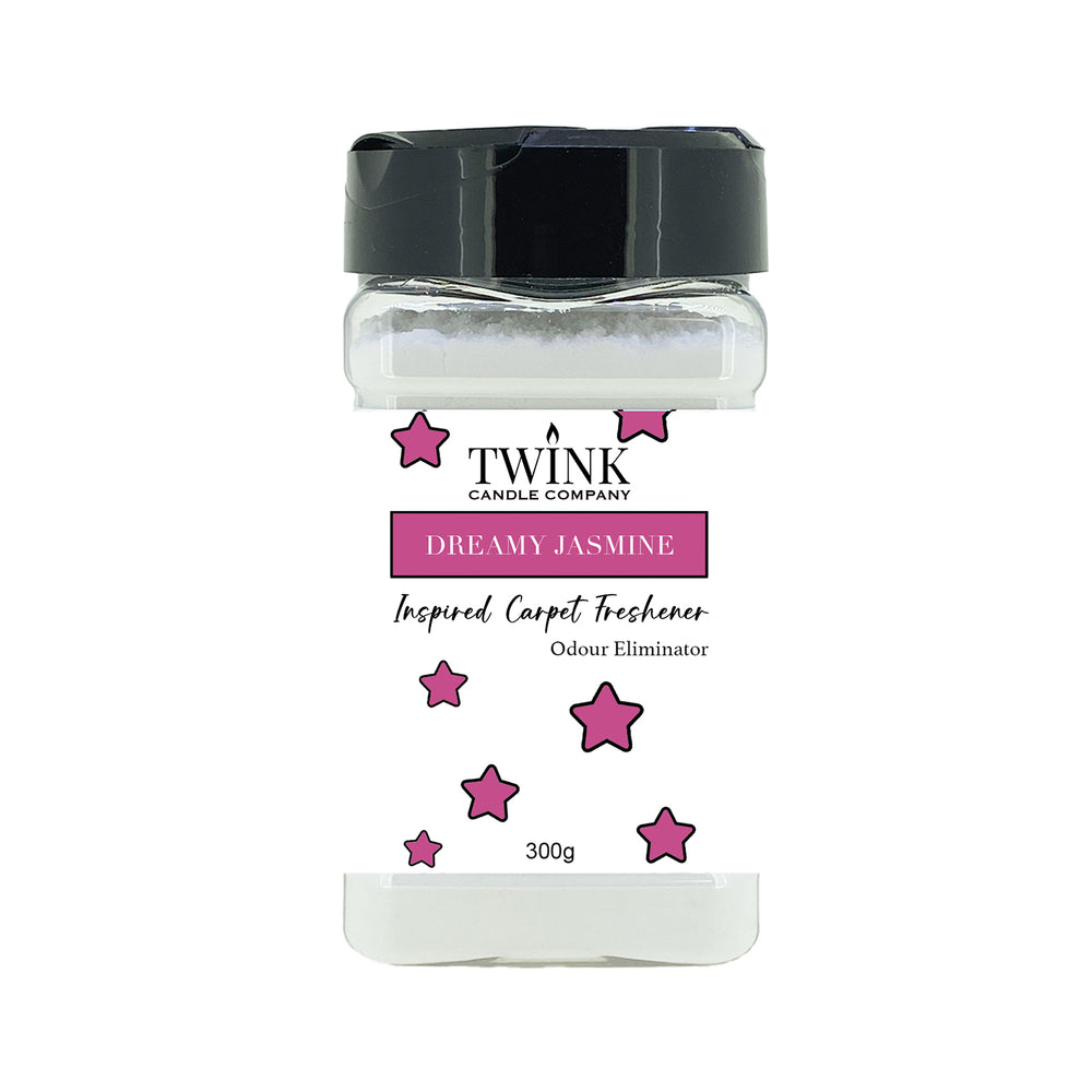 Dreamy Jasmine inspired carpet freshener by Twink Candle Company, a 300g shaker jar of odour-eliminating powder