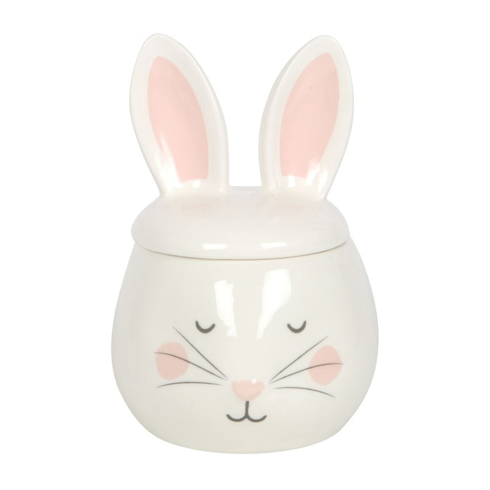 Ceramic lidded bunny rabbit wax and oil burner by Twink Candle Company, white with pink ears