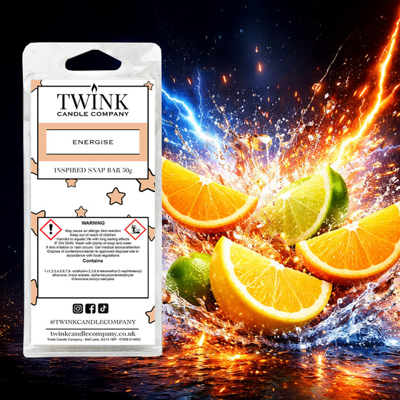 Energise inspired soy wax melt snap bar by Twink Candle Company, with orange and lime slices and a burst of light