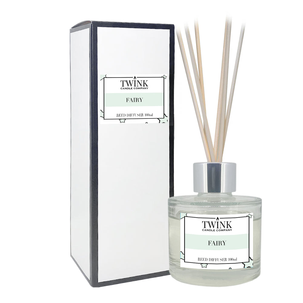 Fairy reed diffuser by Twink Candle Company, a 100ml glass bottle with reeds beside its gift box