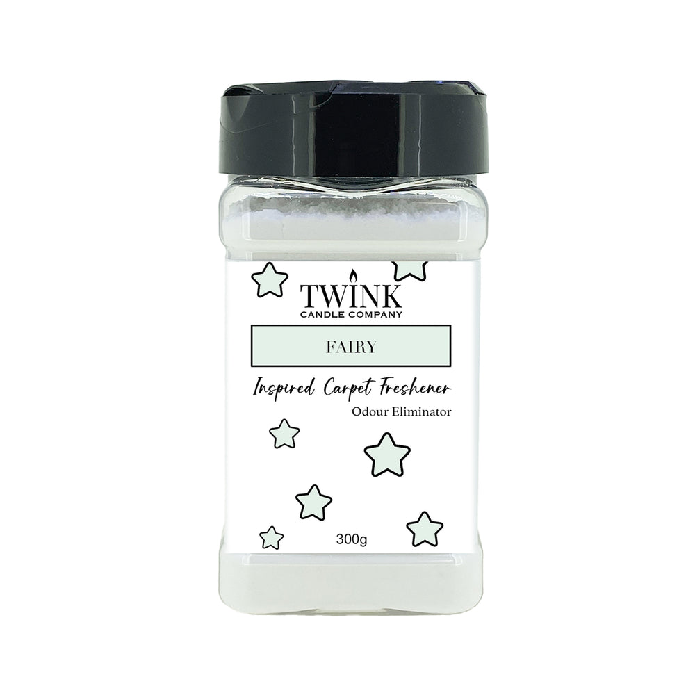 Fairy inspired carpet freshener by Twink Candle Company, a 300g shaker jar of odour-eliminating powder