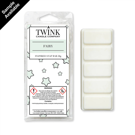 Fairy inspired 50g soy wax melt snap bar shown in its packet and unwrapped, with the five white break-apart segments
