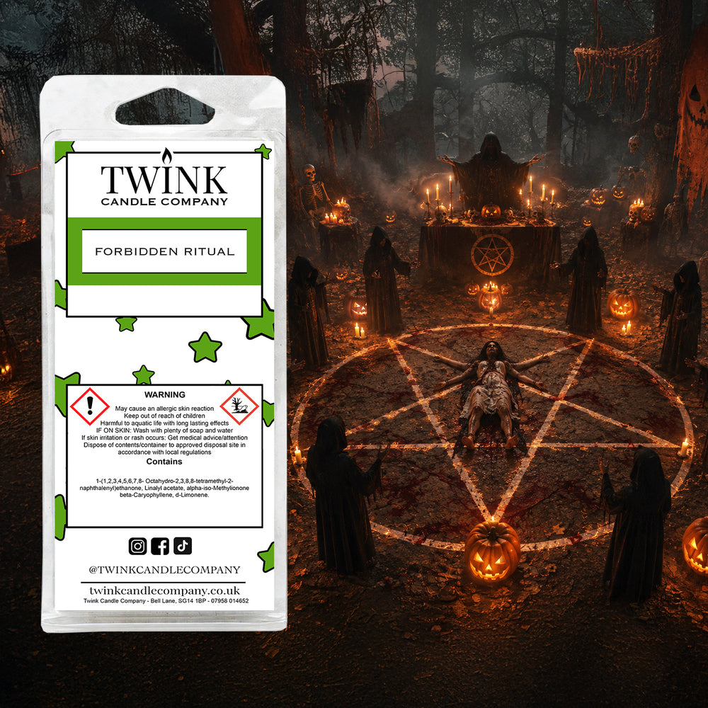 Forbidden Ritual soy wax melt snap bar by Twink Candle Company, in a dark, candlelit mystical scene