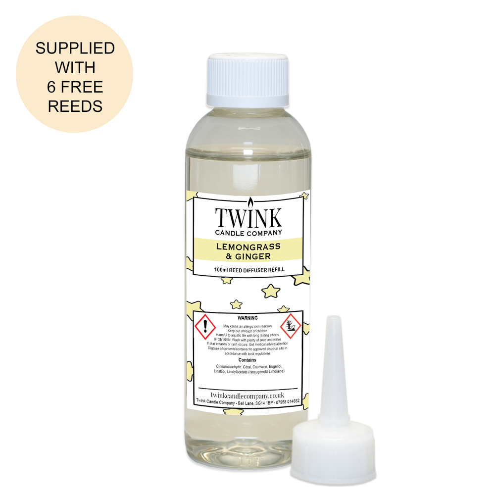 Lemongrass & Ginger reed diffuser refill by Twink Candle Company, a 100ml bottle with pouring nozzle and six free reeds