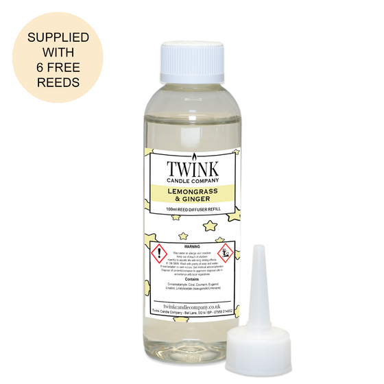 Lemongrass & Ginger reed diffuser refill by Twink Candle Company, a 100ml bottle with pouring nozzle and six free reeds