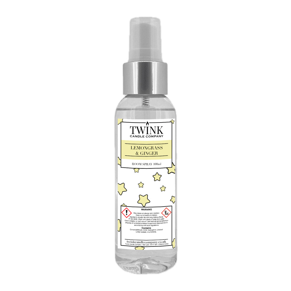 Lemongrass & Ginger inspired room spray by Twink Candle Company, a clear 100ml bottle with a spray top