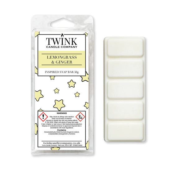 Lemongrass & Ginger 50g soy wax melt snap bar in its packet beside the unwrapped bar and its five break-apart segments