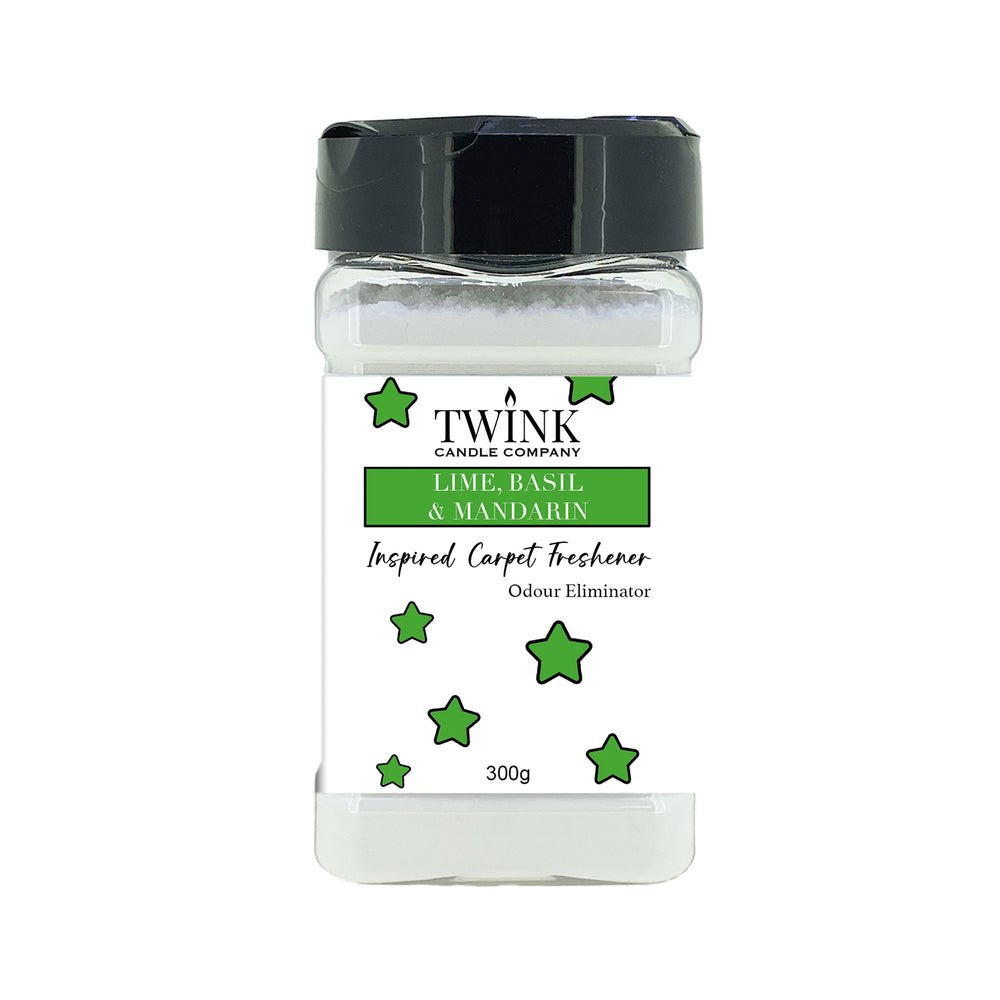 Lime, Basil & Mandarin inspired carpet freshener by Twink Candle Company, a 300g shaker jar of odour-eliminating powder