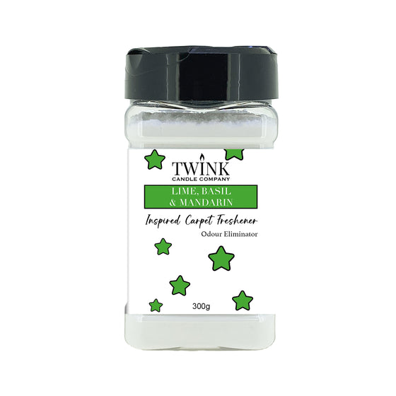 Lime, Basil & Mandarin inspired carpet freshener by Twink Candle Company, a 300g shaker jar of odour-eliminating powder