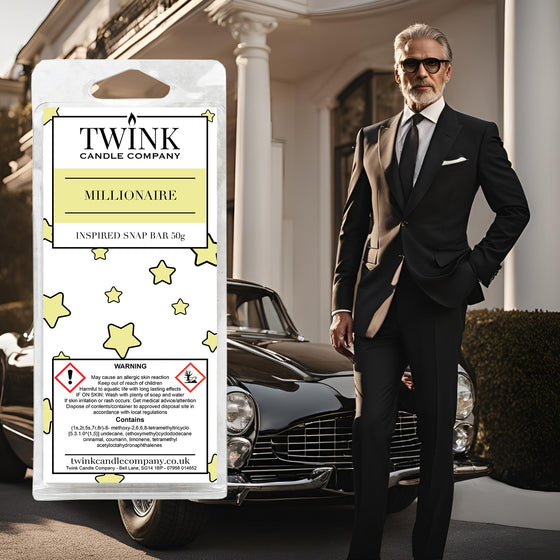 Millionaire inspired soy wax melt snap bar by Twink Candle Company, with a man in a black suit beside a classic sports car