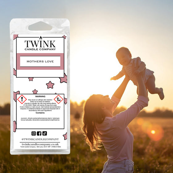 Mothers Love inspired soy wax melt snap bar by Twink Candle Company, with a mother lifting her child at sunset