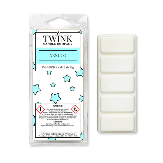 Nenuco 50g soy wax melt snap bar in its packet beside the unwrapped bar and its five break-apart segments