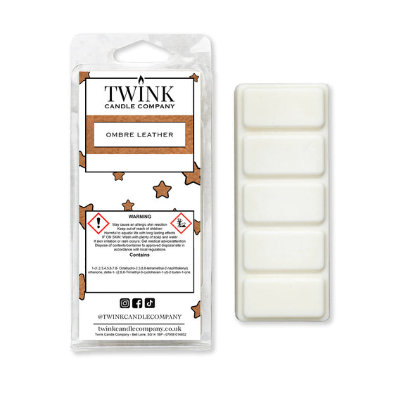 Ombre Leather inspired 50g soy wax melt snap bar in its packet beside the unwrapped bar and its five segments