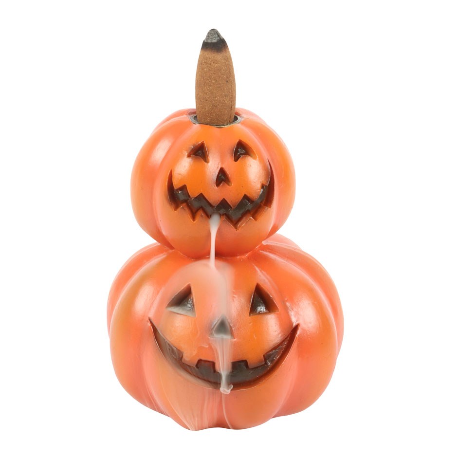 Stacked Pumpkins backflow incense burner by Twink Candle Company, two carved jack-o-lantern pumpkins in orange