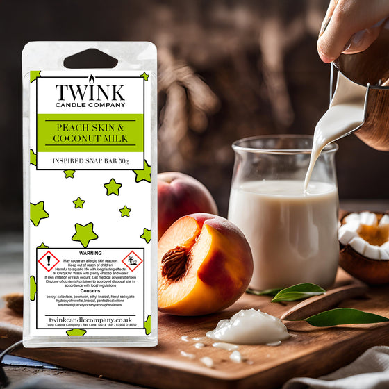 Peach Skin & Coconut Milk inspired soy wax melt snap bar by Twink Candle Company, with a ripe peach and milk being poured