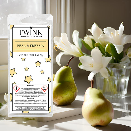 Pear & Freesia soy wax melt snap bar by Twink Candle Company, with ripe pears and white freesia flowers by a sunlit window