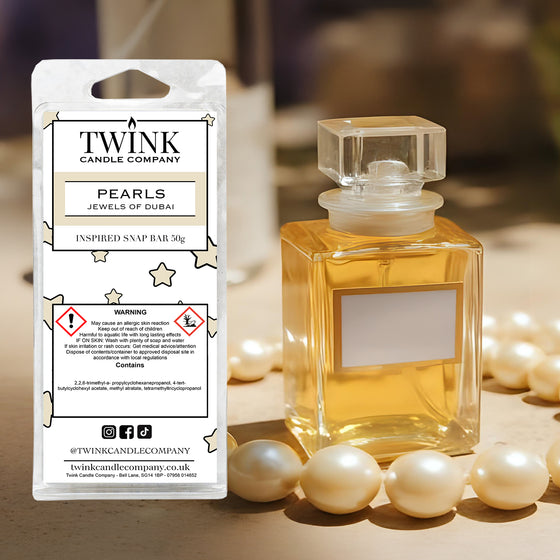 Pearls (Jewels of Dubai) inspired soy wax melt snap bar by Twink Candle Company, with a gold perfume bottle and pearls