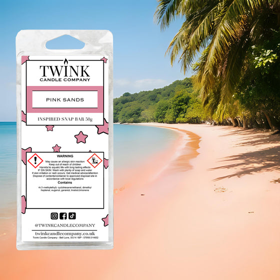 Pink Sands inspired soy wax melt snap bar by Twink Candle Company, on a pink sand beach with palm trees