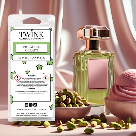 Pistachio & Gelato inspired soy wax melt snap bar by Twink Candle Company, with a perfume bottle and scattered pistachios