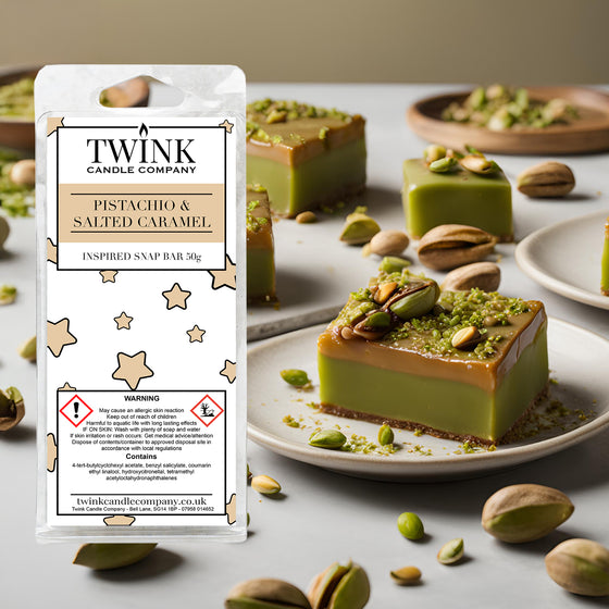 Pistachio & Salted Caramel inspired soy wax melt snap bar by Twink Candle Company, with pistachio and caramel slices