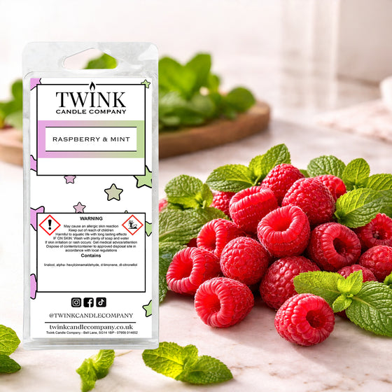 Raspberry & Mint inspired soy wax melt snap bar by Twink Candle Company, with fresh raspberries and mint leaves