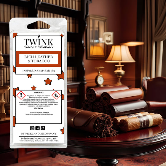 Rich Leather & Tobacco inspired soy wax melt snap bar by Twink Candle Company, in a study with cigars, books and a lamp