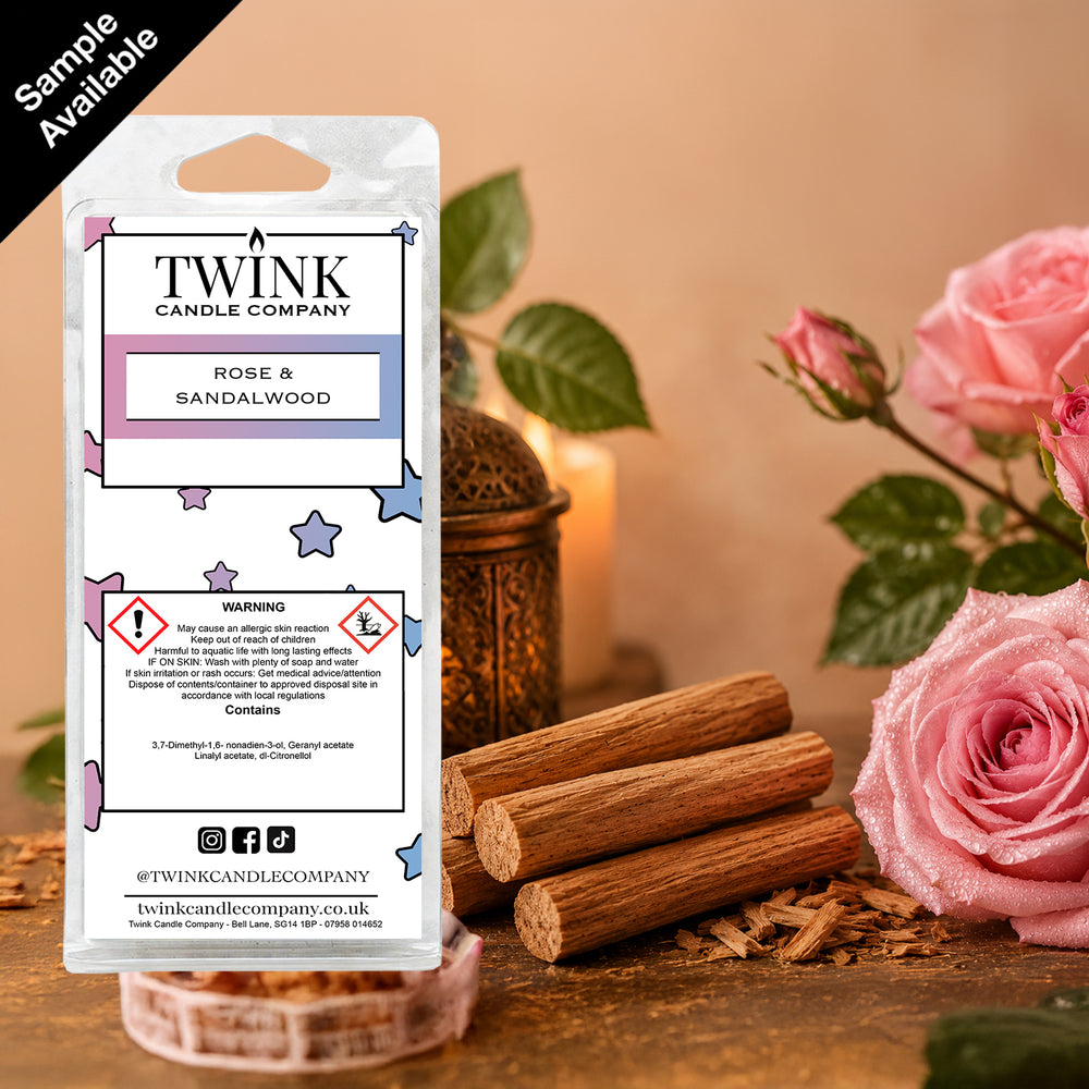 Rose & Sandalwood inspired soy wax melt snap bar by Twink Candle Company, with pink roses, sandalwood and a lit candle