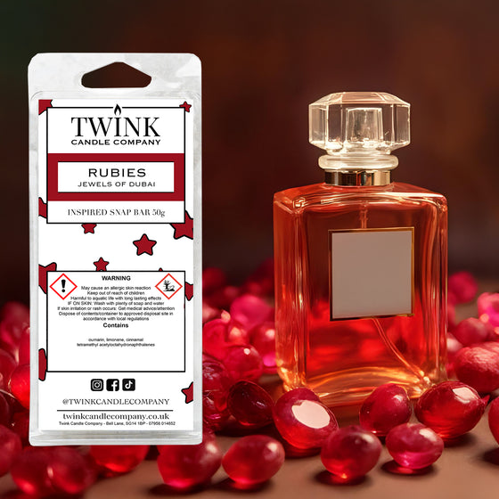 Rubies (Jewels of Dubai) inspired soy wax melt snap bar by Twink Candle Company, with a red perfume bottle and red gemstones