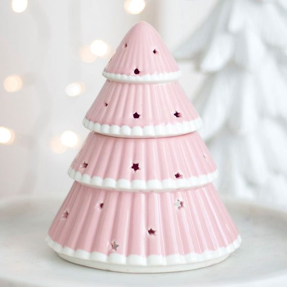 Pink ceramic Christmas tree oil burner with star cut-out details by Twink Candle Company