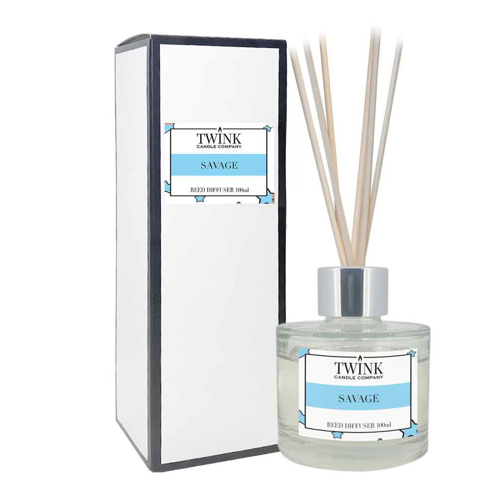 Savage reed diffuser by Twink Candle Company, a 100ml glass bottle with reeds beside its gift box