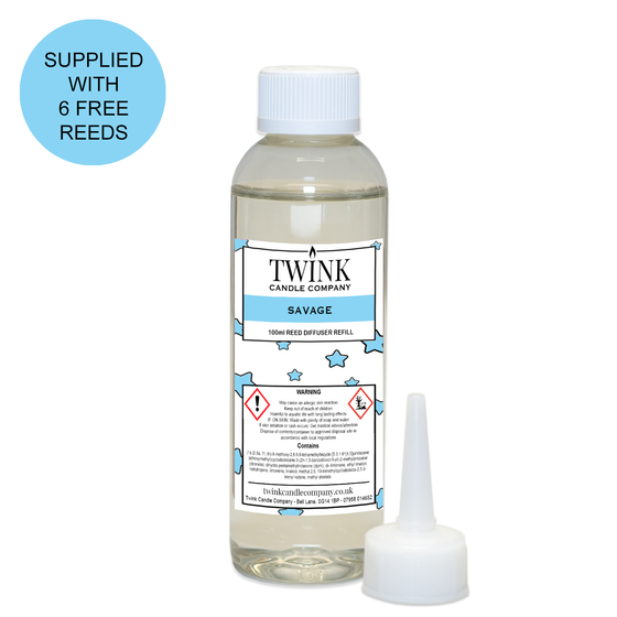 Savage reed diffuser refill by Twink Candle Company, a 100ml bottle with pouring nozzle and six free reeds