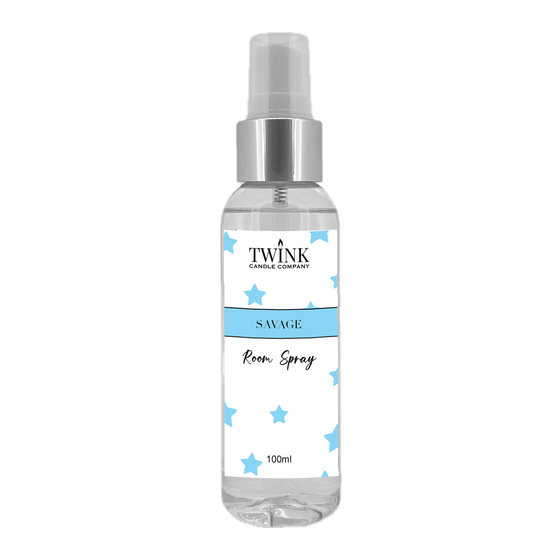 Savage inspired room spray by Twink Candle Company, a clear 100ml bottle with a spray top and blue star label