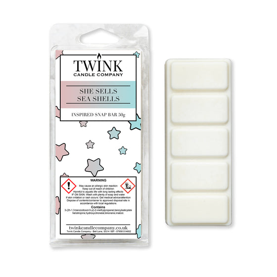 She Sells Sea Shells inspired 50g soy wax melt snap bar in its packet beside the unwrapped bar and its five segments