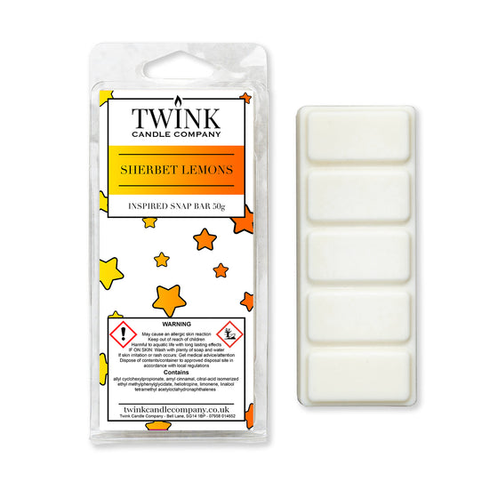 Sherbet Lemons inspired 50g soy wax melt snap bar in its packet beside the unwrapped bar and its five break-apart segments