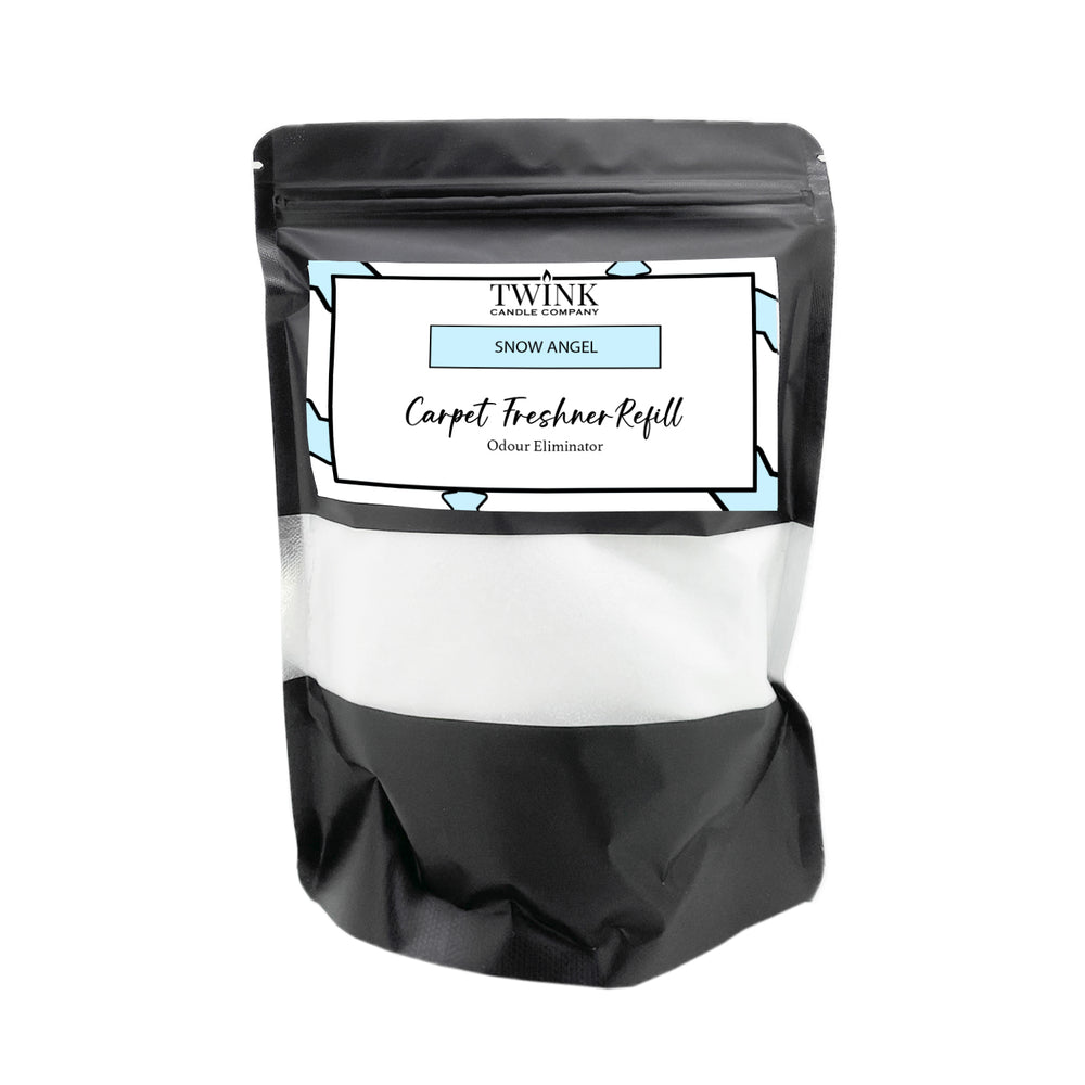 Snow Angel carpet freshener refill by Twink Candle Company, a 500g resealable pouch of odour-eliminating powder